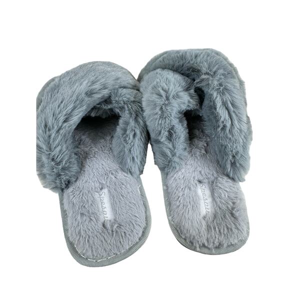 Spesoul Gray Fuzzy Soft Slide-On Crisscross Open Toe Slippers Size L - Picture 3 of 5